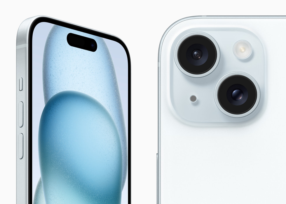 iPhone 15 in blue, front and back